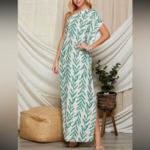 1102.  One-Shoulder White and Green Leaf Print Maxi Dress